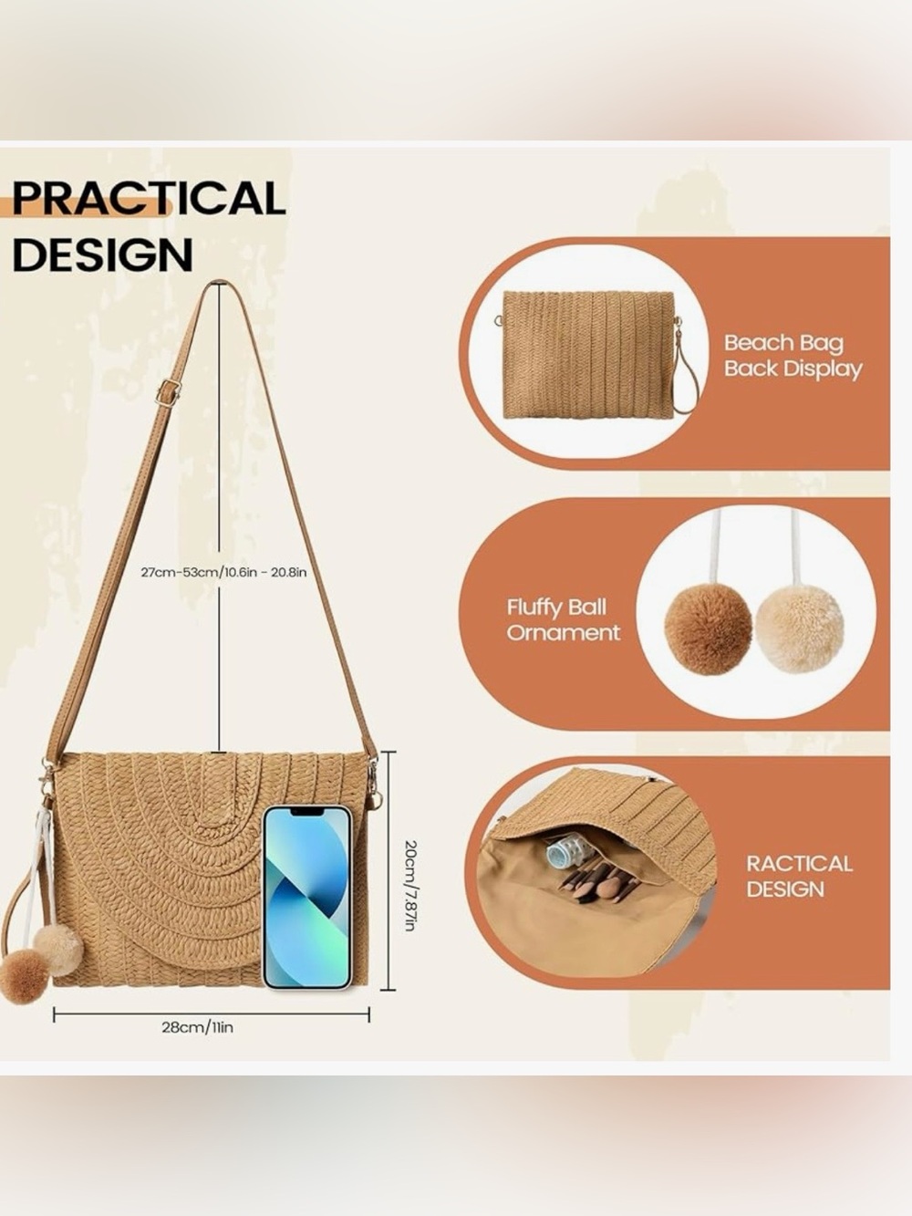 NEW, Women Straw Shoulder Bag Woven Beach Purse Summer Crossbody Clutch - Picture 8 of 15